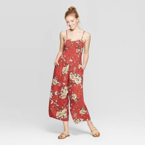 Xhilaration Pants - NEW! Floral Print Strappy Bra Cup Red Jumpsuit